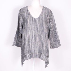 La Fixsun Yarn Dye Gray Striped Tiered Hem V-Neck Top Lagenlook Women's SZ M